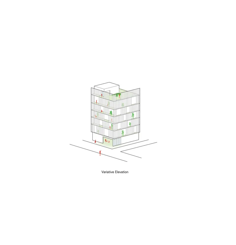 Elevation drawing showing a tower facade with alternating balconies and planted terraces