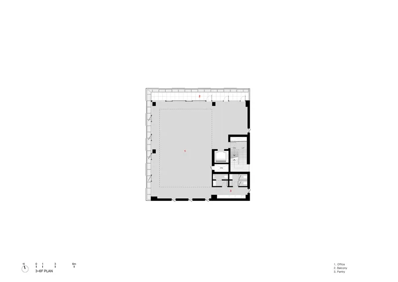 Typical floor plan drawing showing a large open office space with service core at one corner