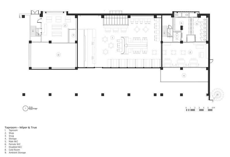 Floor plan drawing showing a taproom with central bar flanked by dining and support spaces