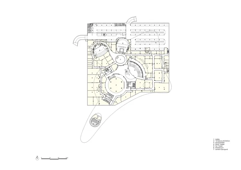Floor plan drawing showing a circular atrium surrounded by grid-based exhibition spaces