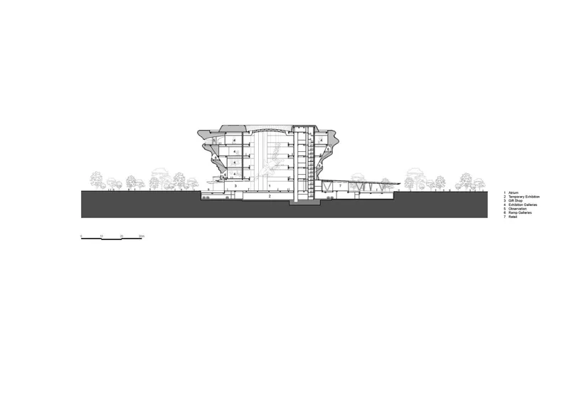 Section drawing showing the circular building's multi-level structure with a cantilevered upper volume
