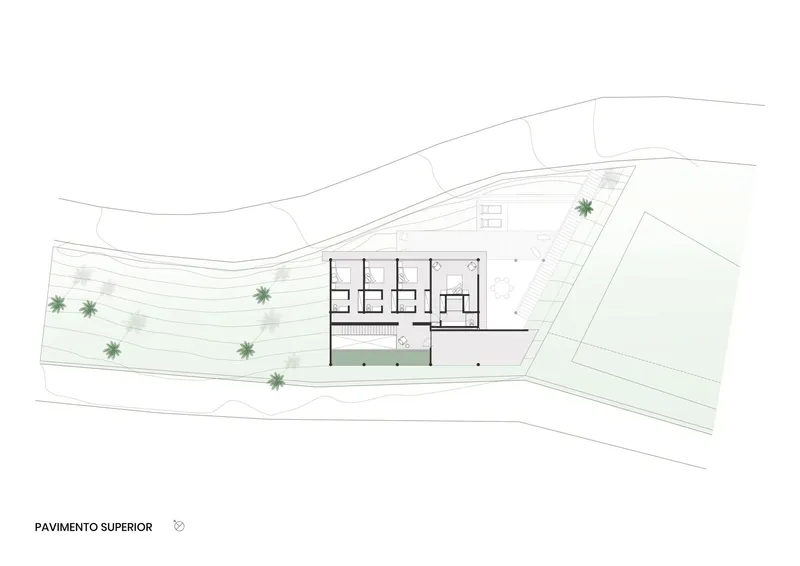 Upper floor plan drawing showing bedroom suites arranged in a row with pool and landscaped terrace