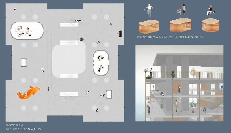 Museum of Open Waters floor plan exploring immersive marine education within a repurposed offshore oil rig.