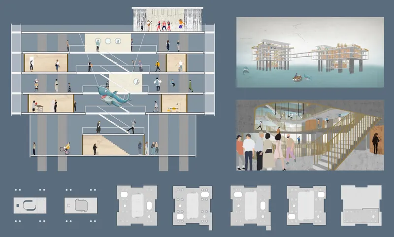 Sectional transformation of industrial oil rigs into floating cultural and research architecture above the open sea.