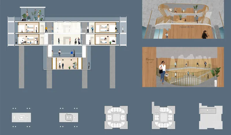 Adaptive reuse section showing layered living spaces, research hubs, and communal interaction areas.