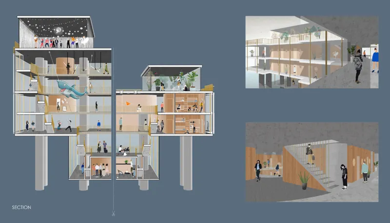 Architectural section illustrating circulation, ocean-facing interiors, and public spaces within the floating island.