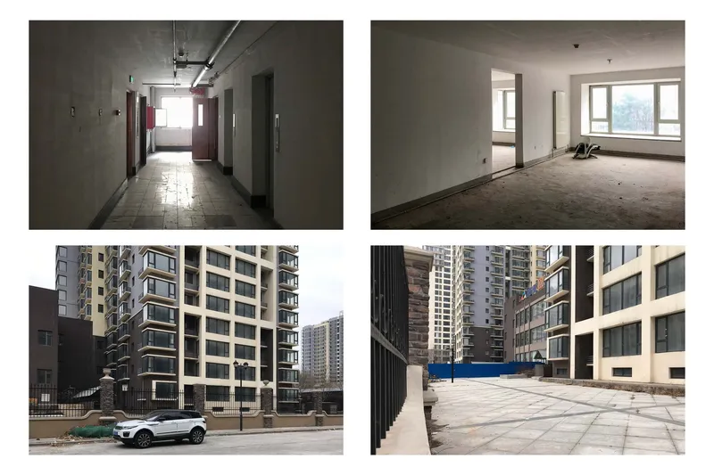 Four interior and courtyard views showing bare concrete corridors, empty rooms, and residential tower facades