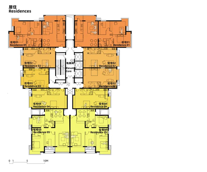 Floor plan showing residential units arranged around a central elevator core with color-coded unit types
