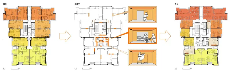 Sequence of floor plans showing unit transformation from separate apartments to flexible shared spaces with interior vignettes