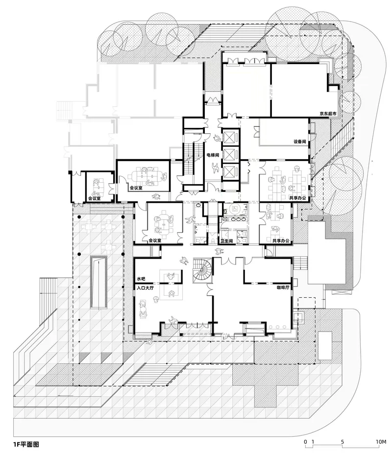 First floor plan showing residential units distributed around a central circulation core with landscaped perimeter