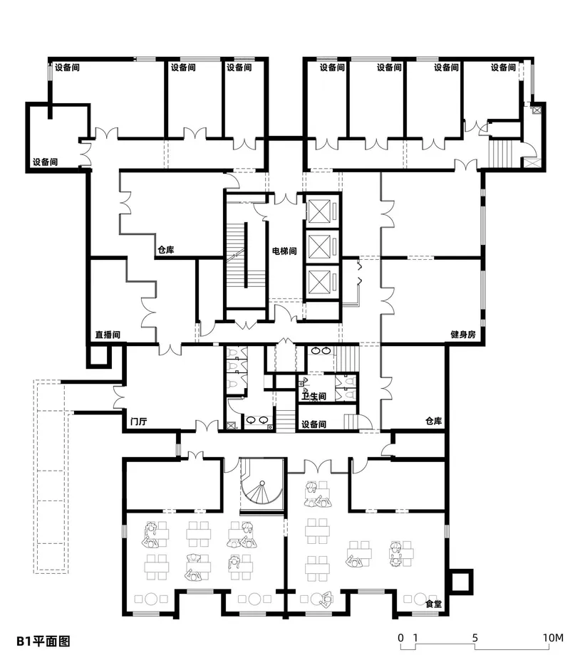 Basement level plan showing shared amenity spaces and equipment rooms arranged around central elevator core
