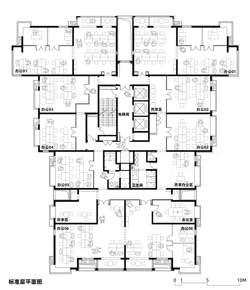Floor plan drawing showing office units arranged around a central elevator and stair core with furniture layouts