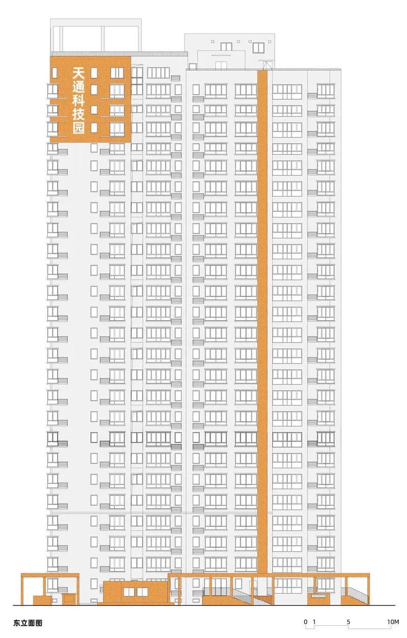 Elevation drawing of a residential tower with highlighted ground floor and rooftop amenity volumes in orange