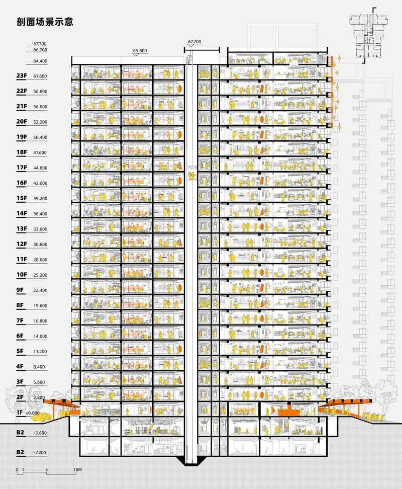 Section drawing revealing interior floor plates with residents and yellow accent spaces throughout the tower levels