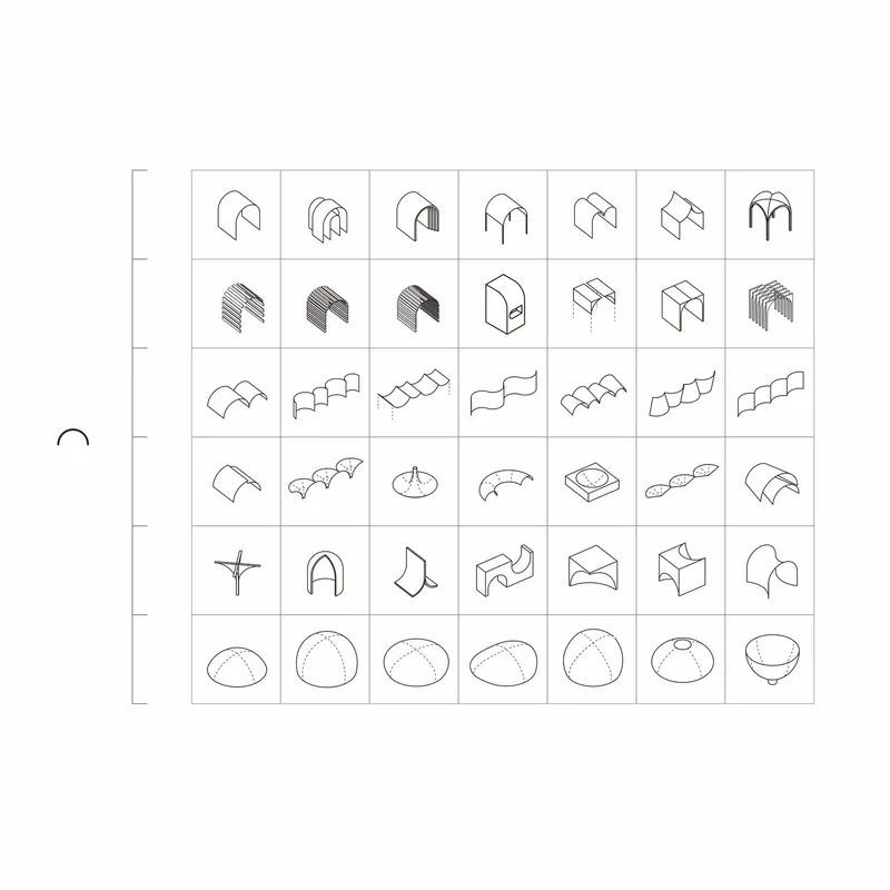 Isometric drawing grid showing various roof and vault form variations in line work