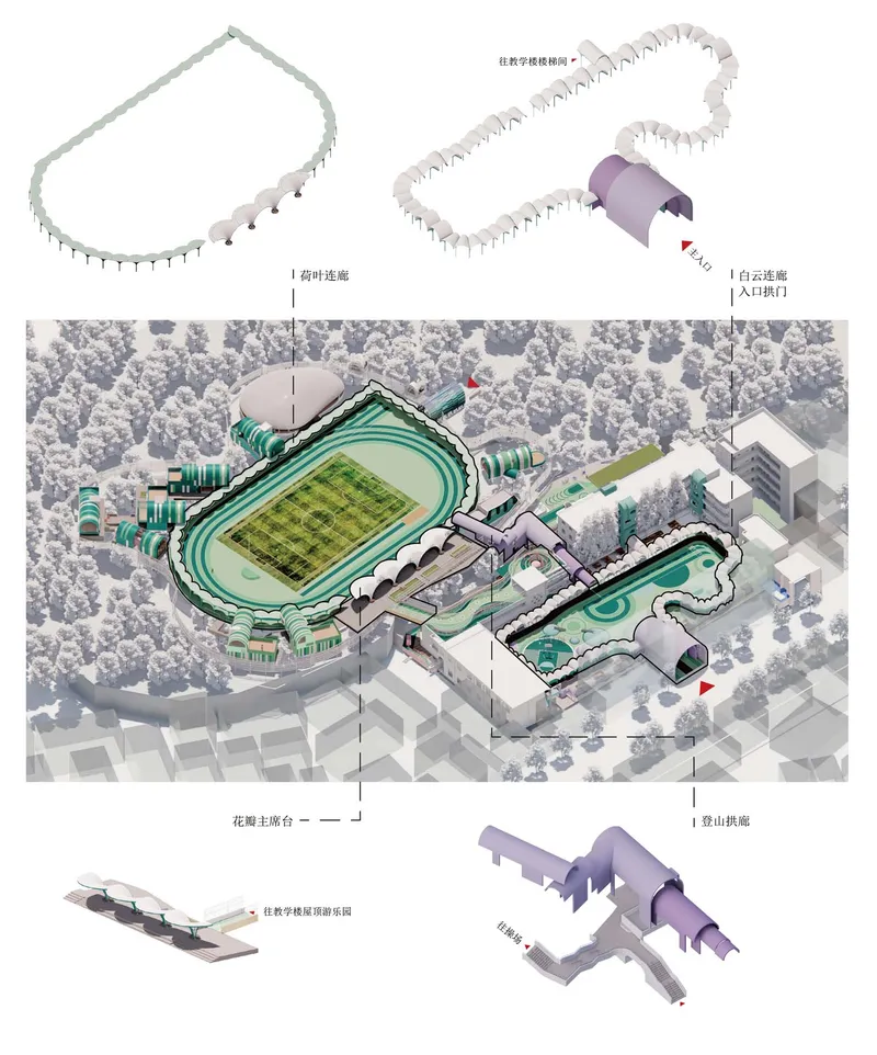 Aerial axonometric drawing showing two stadium complexes with terraced seating and curved roofs in a forested context
