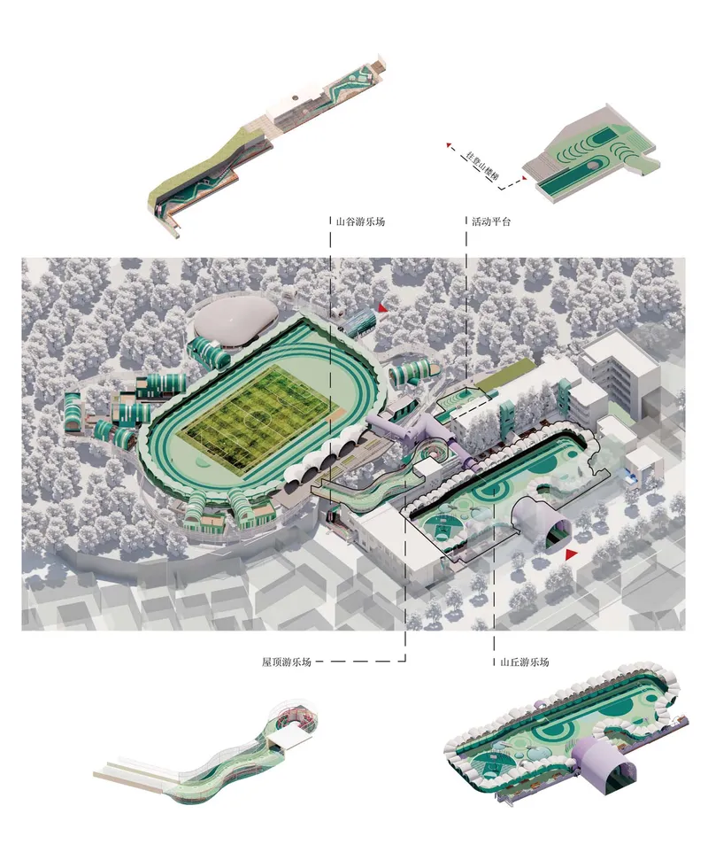 Axonometric diagram with labeled sections showing the circulation and spatial organization of the stadium and pool complexes