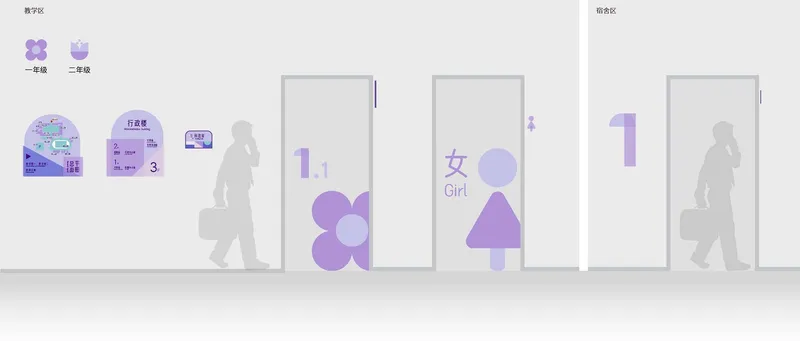Rendering of white corridor wall with purple graphic restroom signage and silhouettes of walking figures