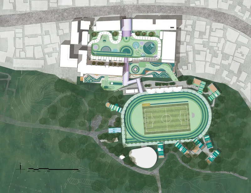 Site plan rendering showing building complex with courtyard gardens, sports field, and surrounding green landscape