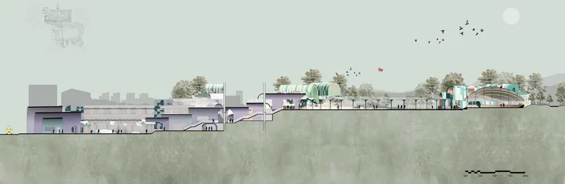 Section drawing with turquoise roof forms stepping down a hillside beneath flying birds and trees