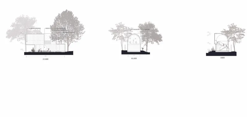 Three section drawings showing different arch configurations with trees and human figures at grade level