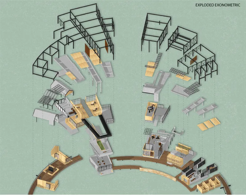 Exploded axonometric illustrating the modular rehabilitation spaces, circulation paths, and structural framework of The Borobi Sanctuary.
