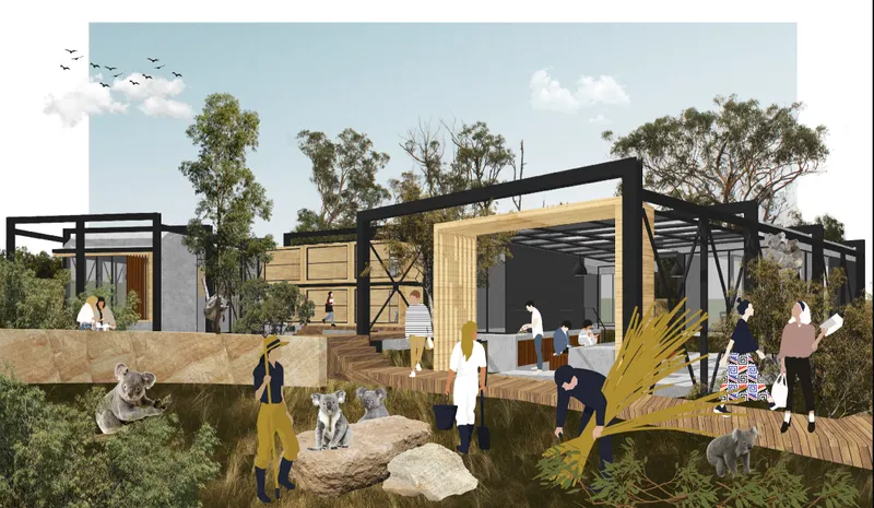 Outdoor gathering and rehabilitation areas seamlessly blend architecture, habitat restoration, and public awareness initiatives.