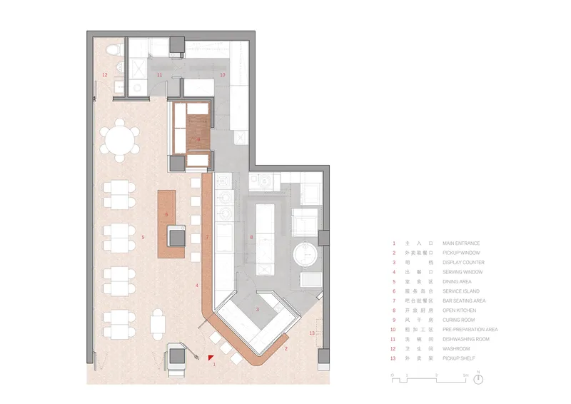 Floor plan drawing showing dining area, service core, and angled glazed corner with annotated room labels