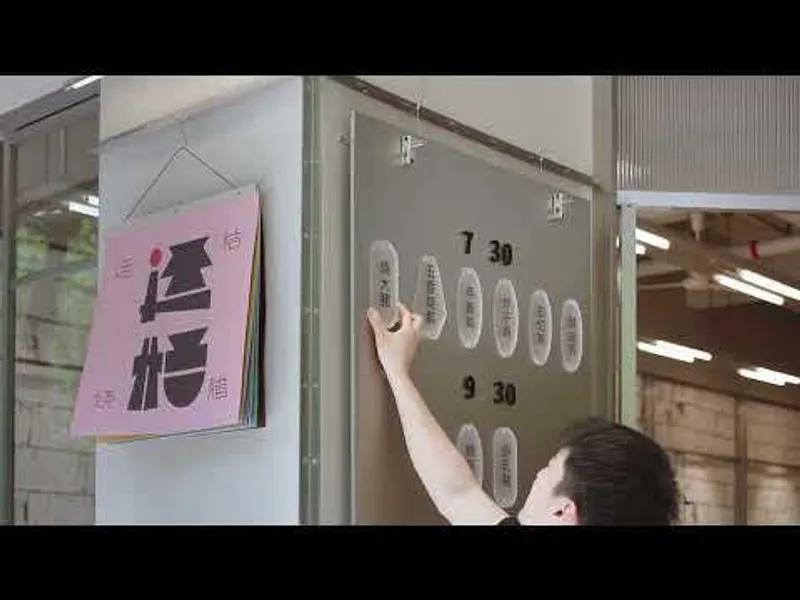 Hand adjusting circular signage elements on glass storefront beneath a pink poster