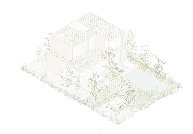 Isometric drawing showing stacked volumes with planted courtyards and surrounding landscape