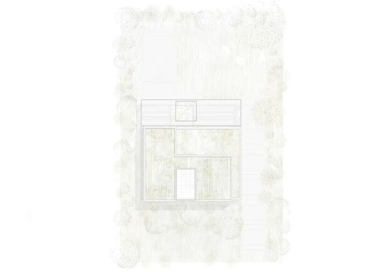Site plan drawing showing building footprint with central courtyard surrounded by trees