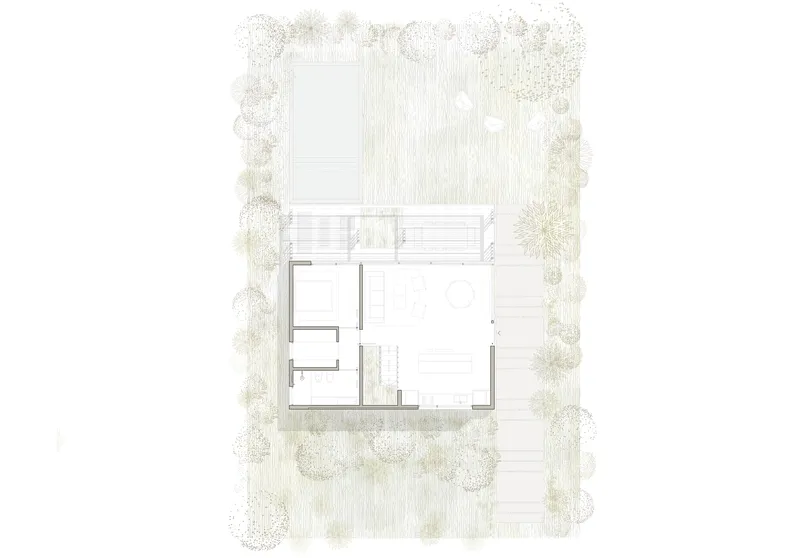 Site plan showing a compact rectangular residence surrounded by native vegetation and decking