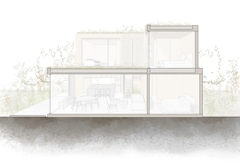 Section drawing revealing a two-story volume with interior dining and bedroom spaces