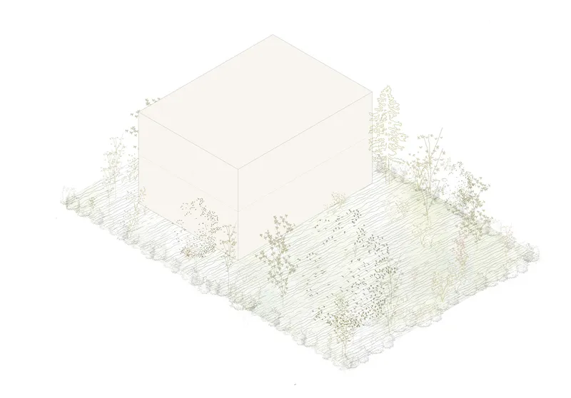 Axonometric view of the massing set within the landscaped site and tree canopy
