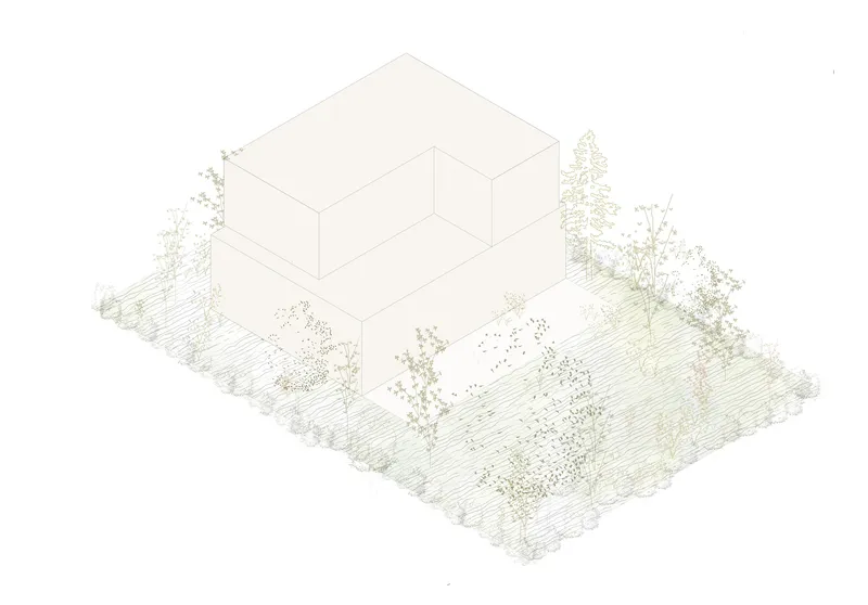 Axonometric drawing showing a two-volume residence surrounded by landscape contours and scattered vegetation