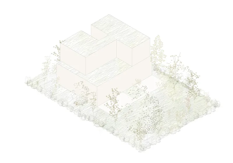 Isometric drawing depicting rooftop decking on interlocking volumes with trees and plantings below