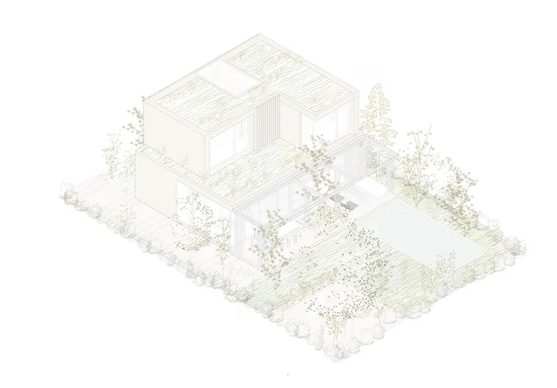 Isometric drawing revealing slat screens on one facade and layered outdoor spaces with vegetation