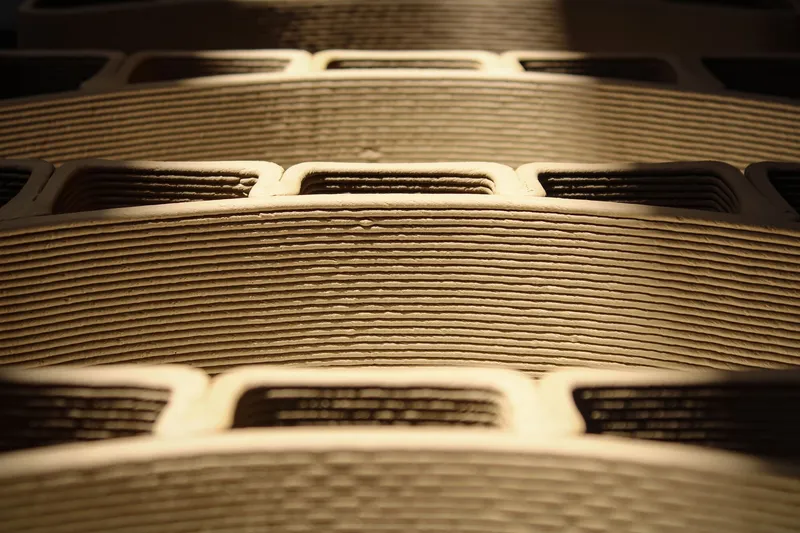 Detail view of layered cardboard or laminated material showing horizontal striations and rectangular cutouts in dramatic lighting
