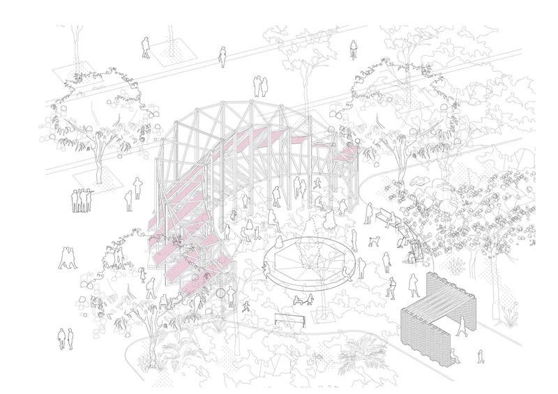 Isometric drawing showing a pavilion structure with a timber frame and surrounding trees and people