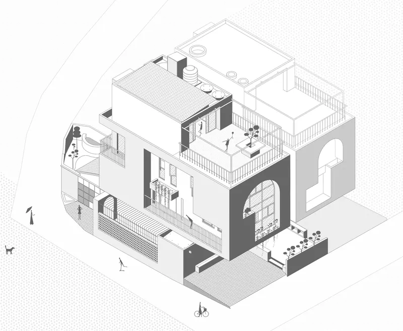Axonometric drawing showing multi-level house with arched openings, terraces and internal stairways
