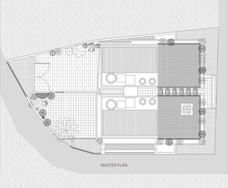 Master plan drawing showing two stacked residential units with terraces and surrounding landscape planting