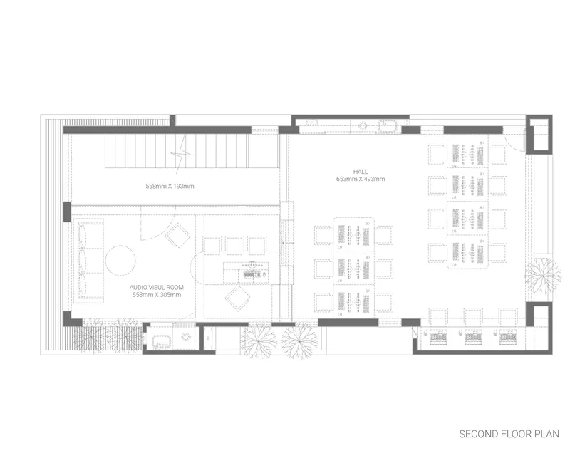 Second floor plan drawing showing audio visual room and hall with seating and spiral stairs