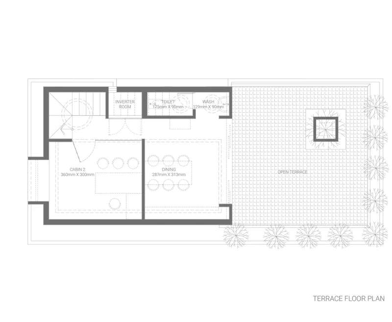 Terrace floor plan drawing showing cabin, dining area and open terrace with planted perimeter