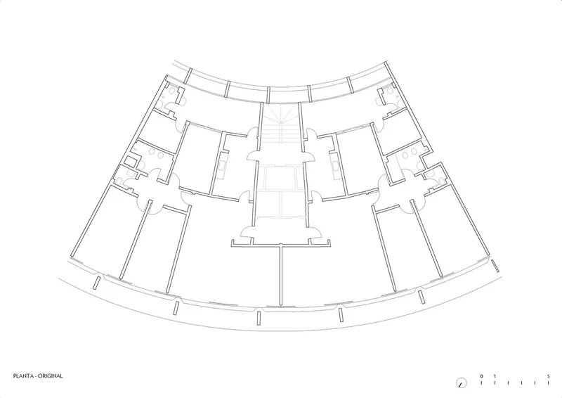 Floor plan of a curved residential level with central circulation core and flanking residential units