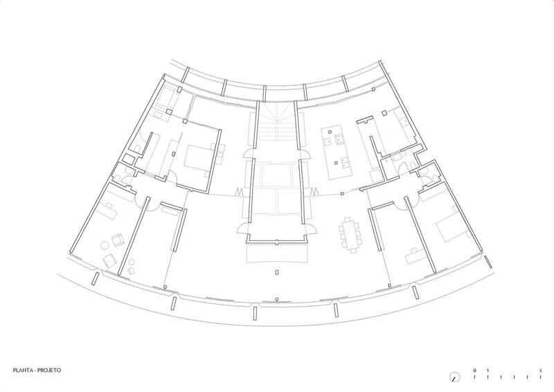 Floor plan showing reconfigured residential units with open living areas and central elevator core