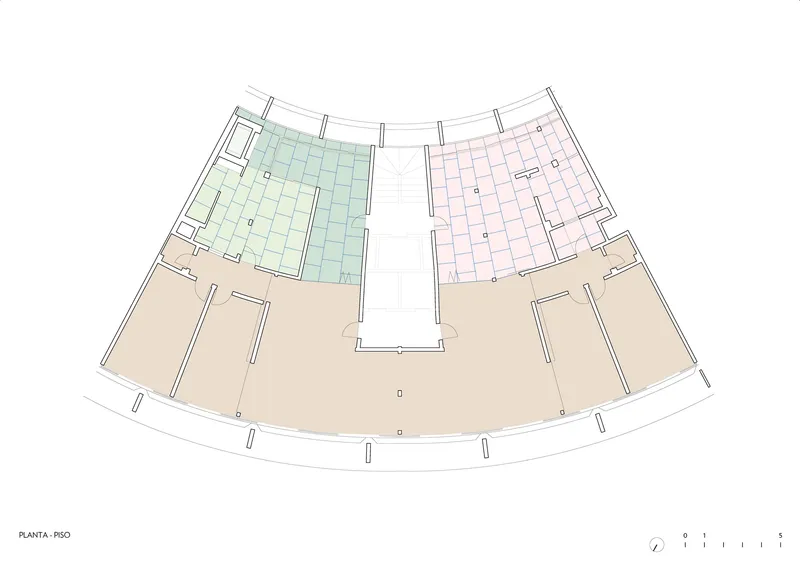 Floor finishes plan indicating material zones with color coding across the curved residential layout
