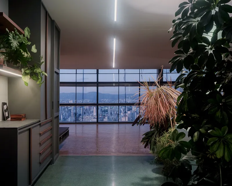Interior threshold with hanging plants framing the floor-to-ceiling windows overlooking the cityscape at twilight