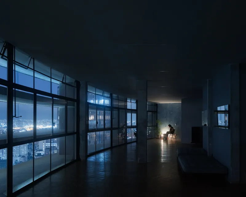 Interior space at night with figure seated beside floor lamp near glass facade overlooking city lights