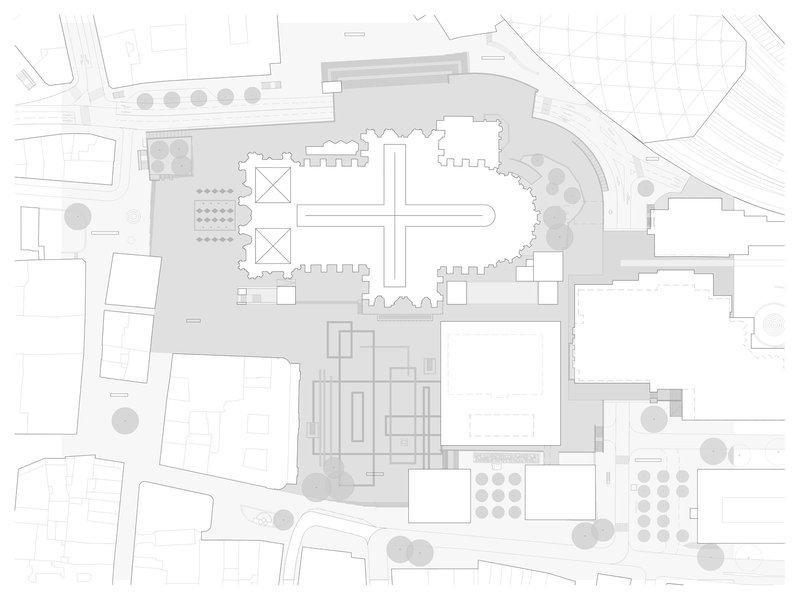 Site plan drawing showing a cruciform cathedral adjacent to rectangular structures and radiating streets