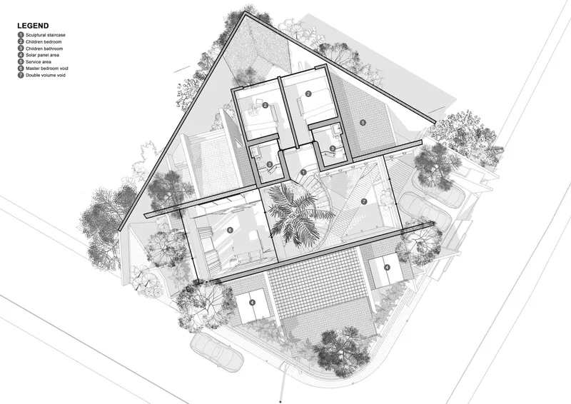 Upper floor plan drawing depicting bedroom zones and central courtyard with palm tree